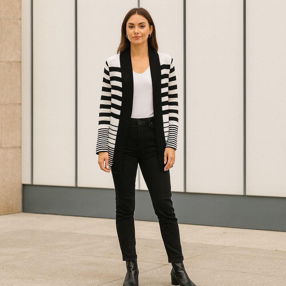 Diffusion Black & White Striped Open-Front Cardigan | Size Medium